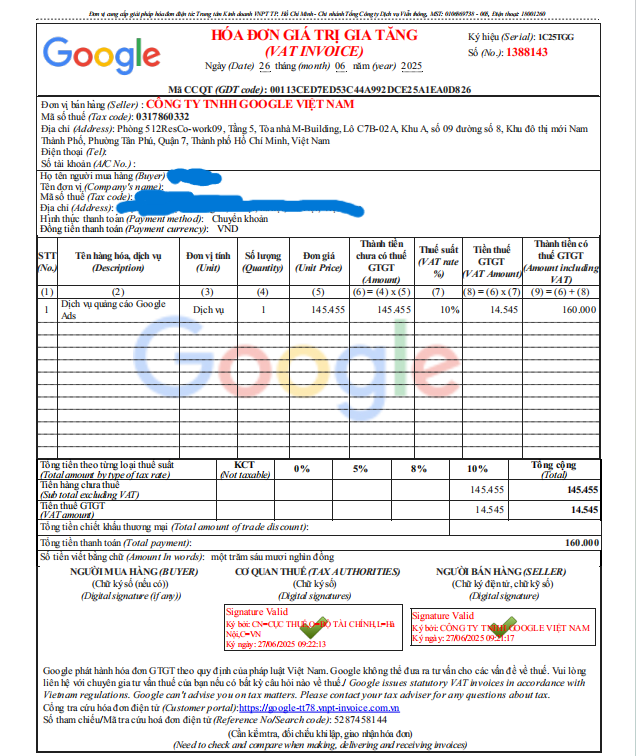 Mãu hóa đơn VAT Google mới nhất 2026