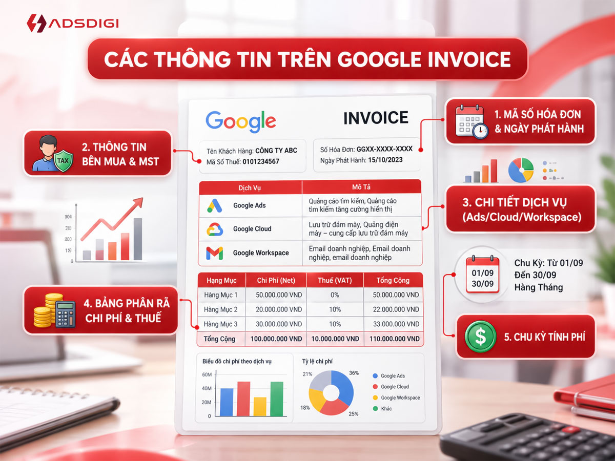 Hướng dẫn chi tiết các thành phần thông tin cơ bản trên hóa đơn Google Invoice bao gồm thông tin bên mua, mã hóa đơn, chi tiết dịch vụ và chi phí.