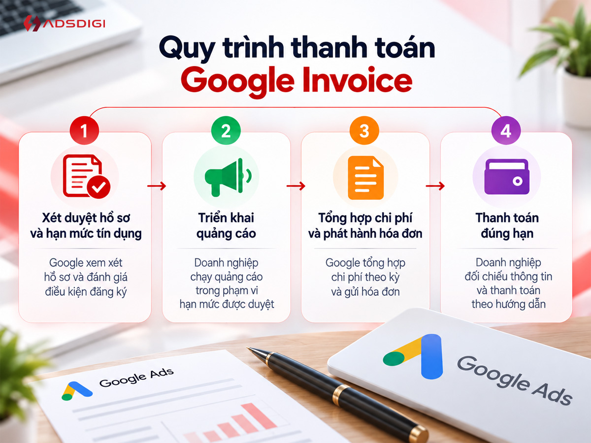 Quy trình thanh toán Google Invoice gồm bốn bước từ xét duyệt đến thanh toán.