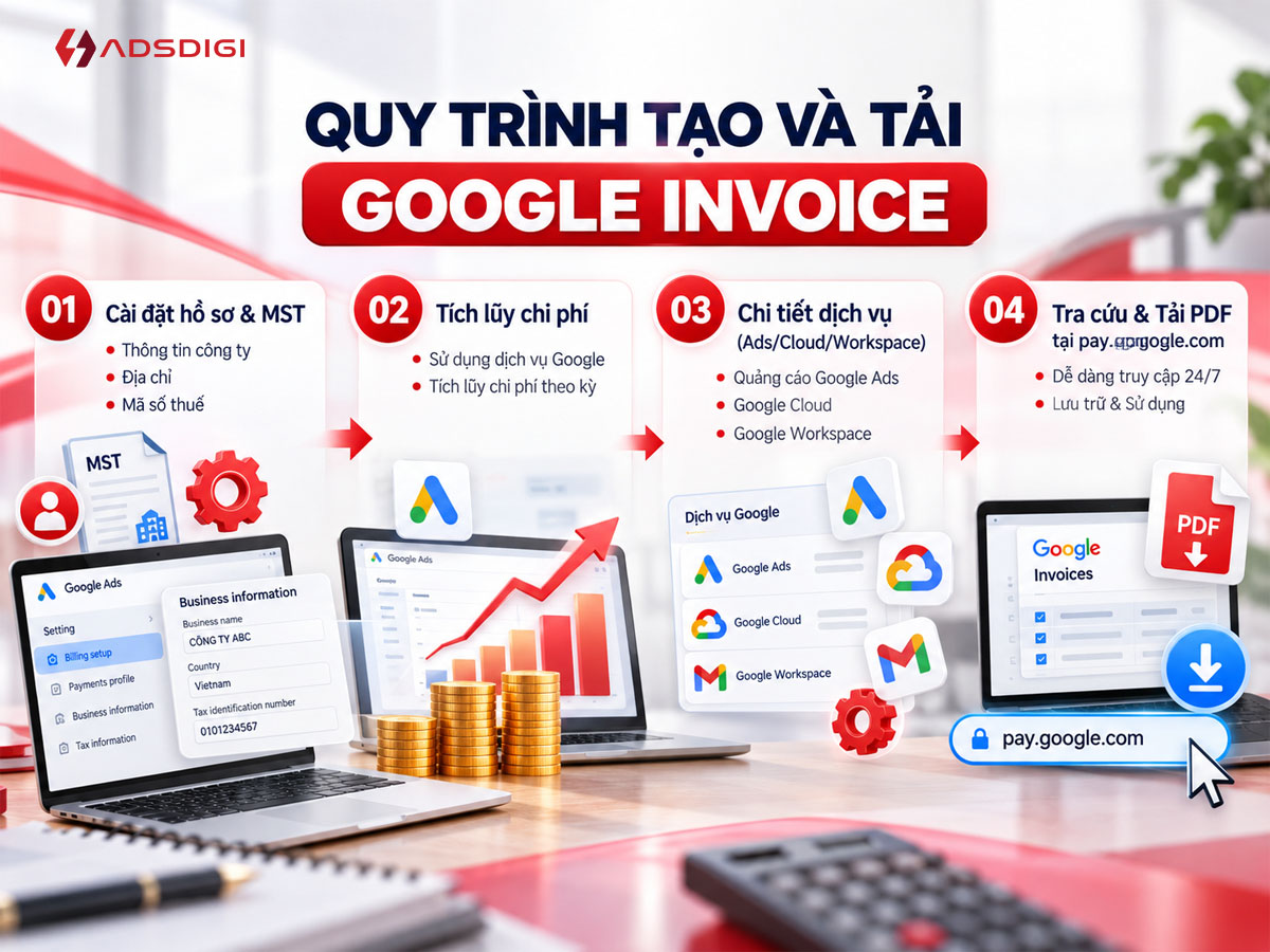Sơ đồ 4 bước quy trình tạo và tải hóa đơn Google Invoice bao gồm cài đặt hồ sơ MST, tích lũy chi phí, chọn dịch vụ và tra cứu tải file PDF trên pay.google.com.