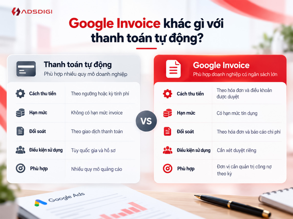 So sánh Google Invoice và thanh toán tự động trong Google Ads.