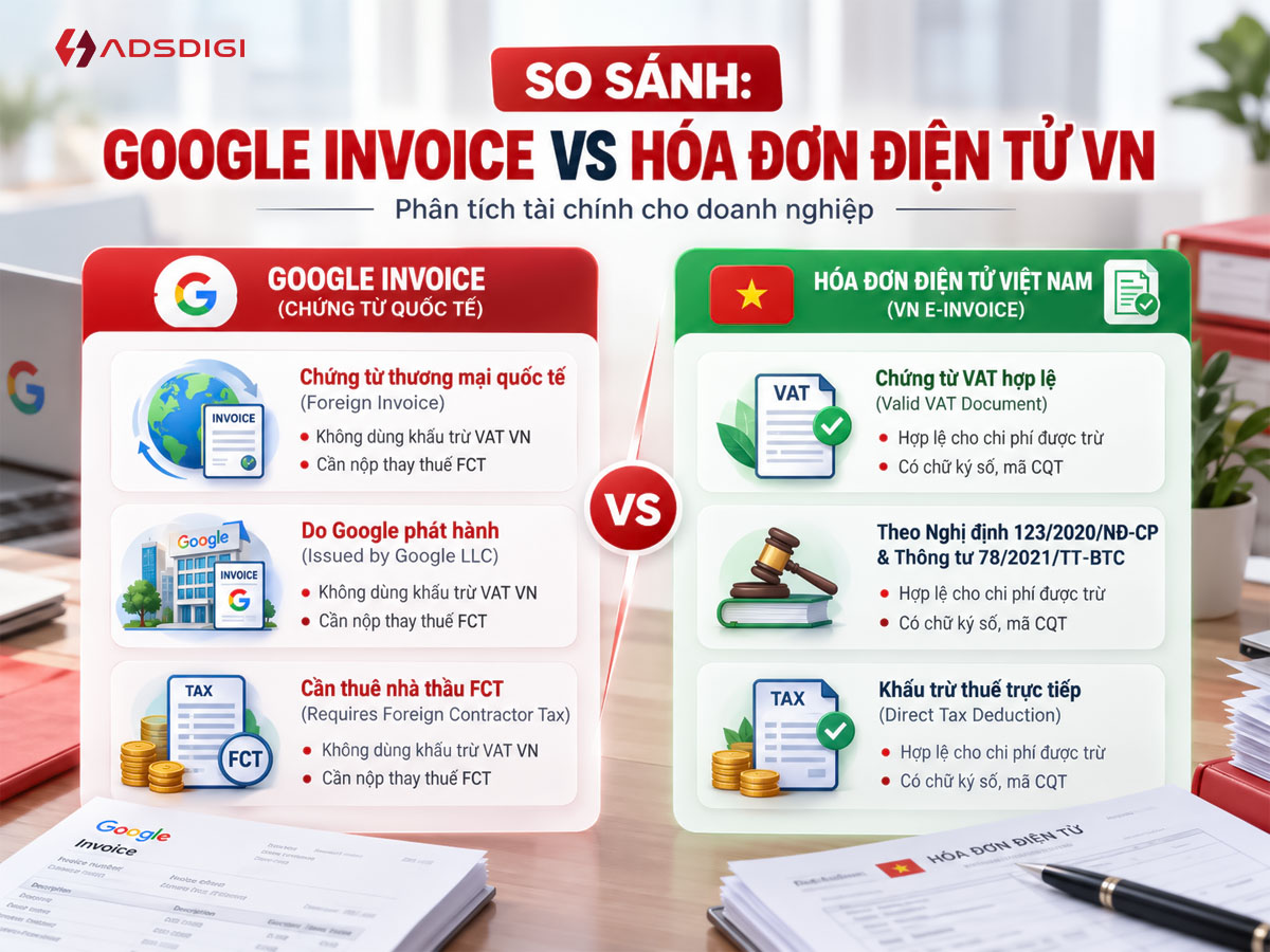 Bảng so sánh chi tiết giữa Google Invoice chứng từ quốc tế và Hóa đơn điện tử Việt Nam về tính hợp lệ, tính thuế giá trị gia tăng VAT và điều kiện khấu trừ chi phí doanh nghiệp.